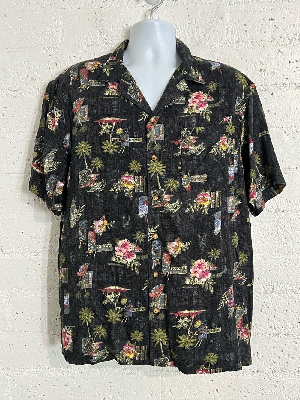George Casual Button Down Shirt XL Black Tropical Hawaiian Cruise Viscose H13